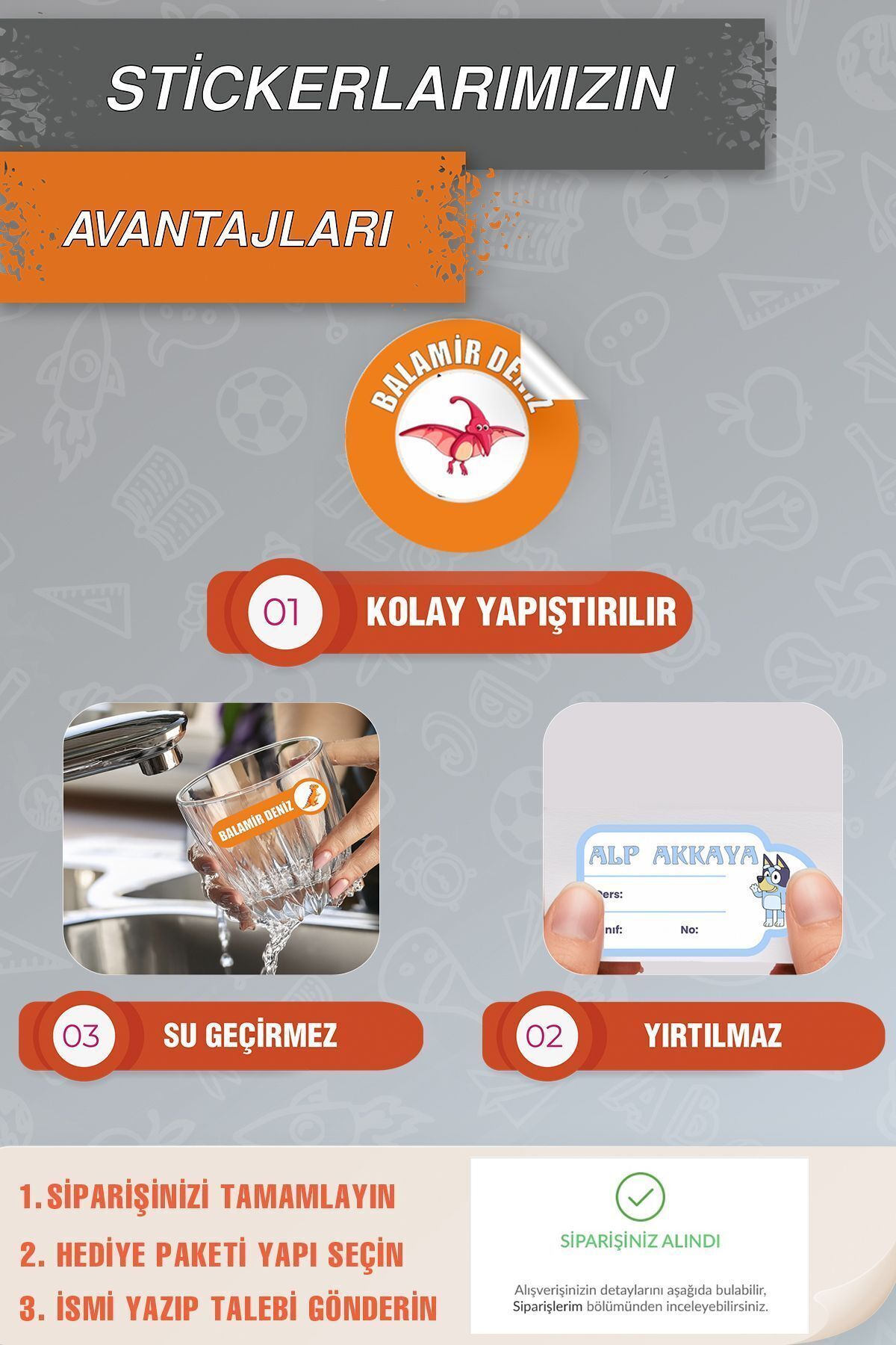 Kişiselleştirilmiş Dinazor Karakterli  Kalem - Defter - Suluk - Okul - Kreş - Etiket & Sticker