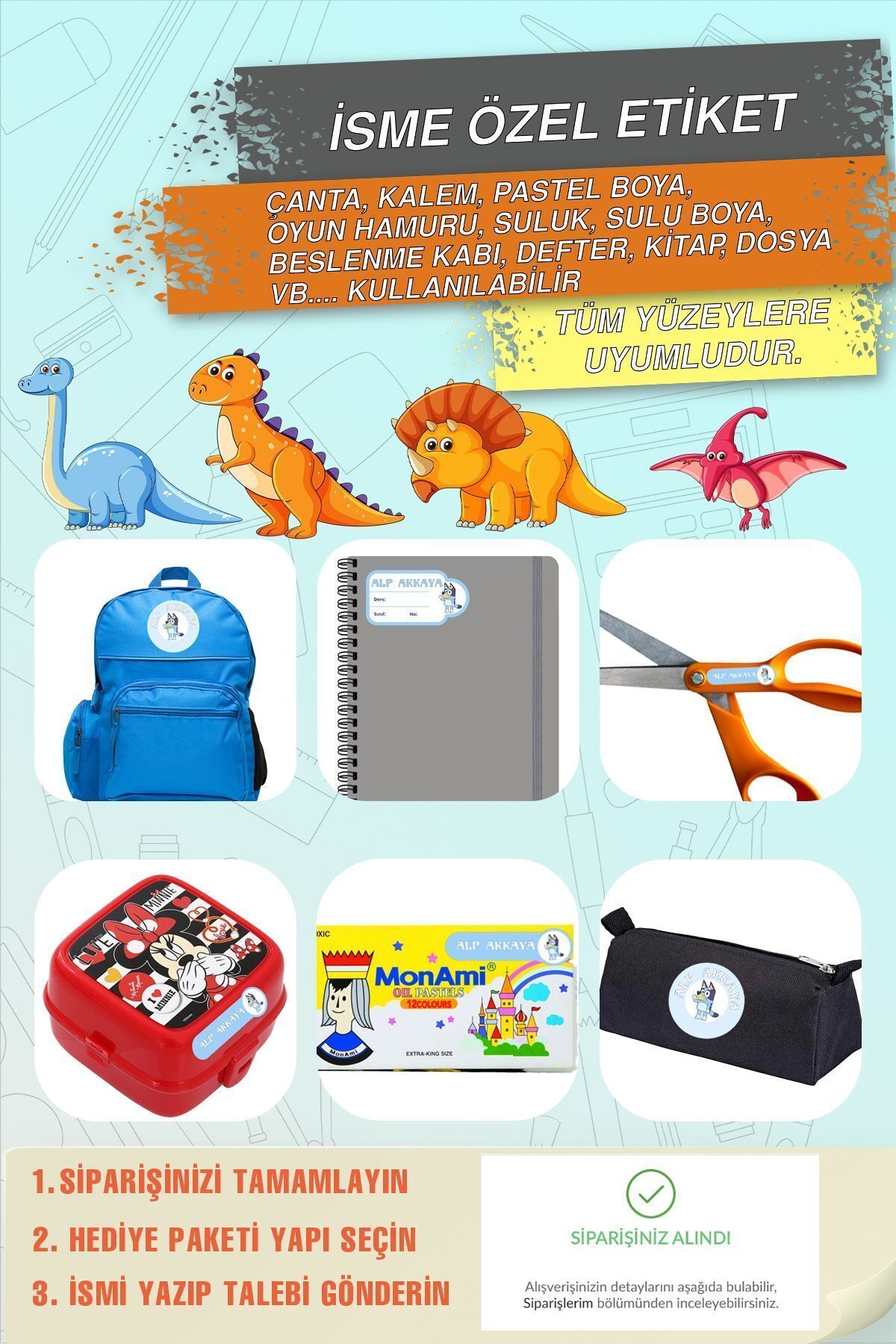 Kişiselleştirilmiş Dinazor Karakterli  Kalem - Defter - Suluk - Okul - Kreş - Etiket & Sticker