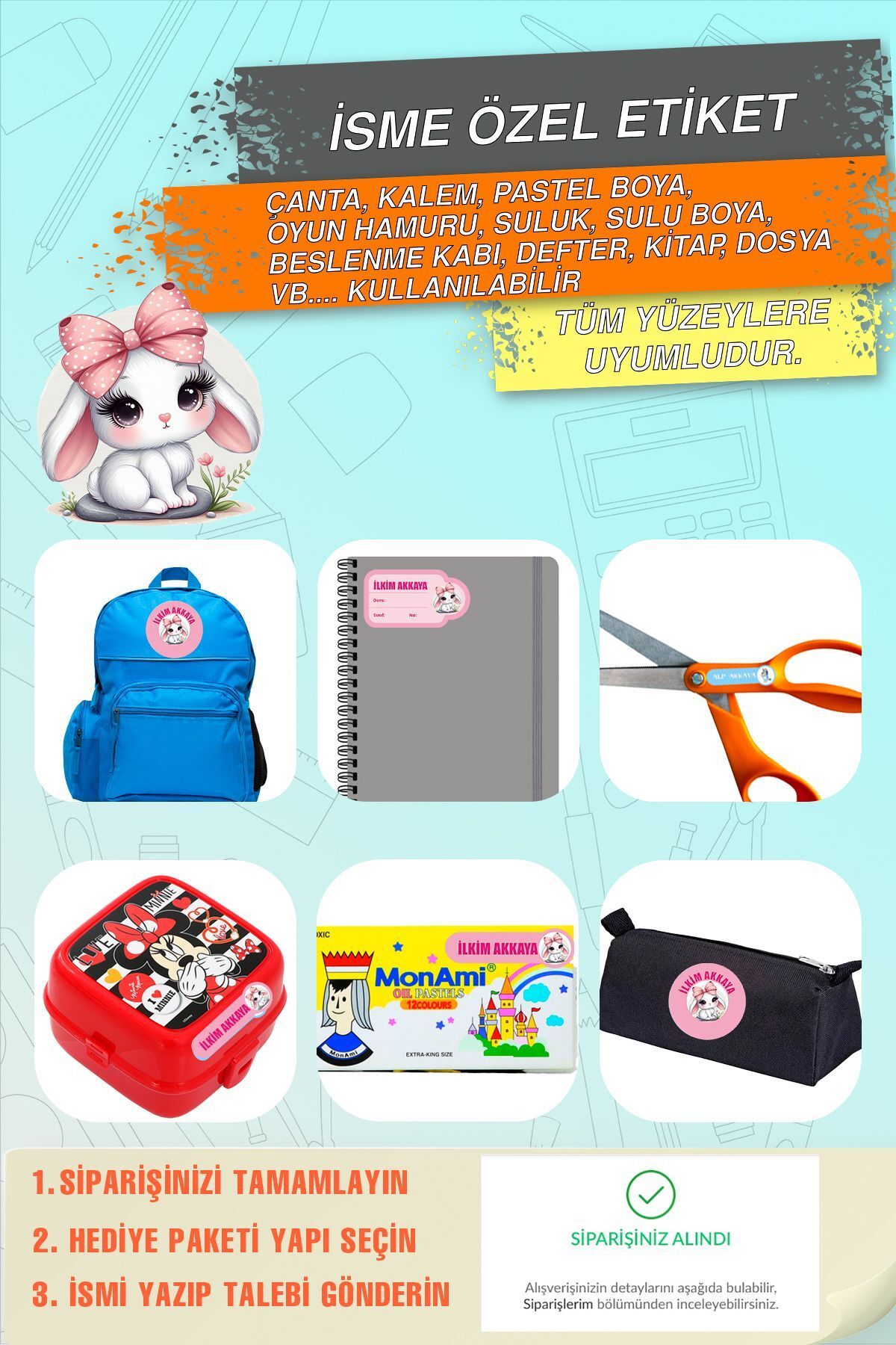 Sevimli - Tavşan-Okul-kreş-kalem-suluk-defter-etiket-sticker 226 parça