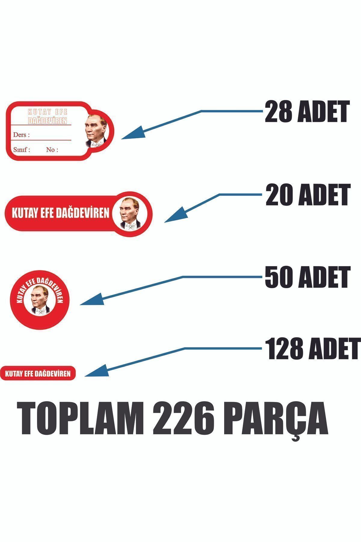 Atatürk Kreş & Okul Etiketi Kalem-defter 226 Parça